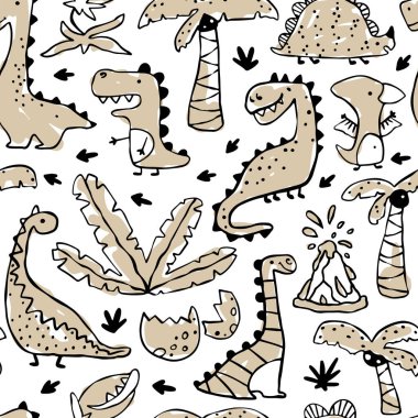 Seamless pattern with hand-drawn dinosaurs, cracked eggs, and tropical plants. Black outlines with beige coloring on a white background, creating a playful, hand-colored look clipart