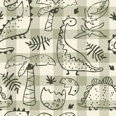 El yapımı dinozorlar, tropikal bitkiler ve palmiye ağaçları ile Gingham Dino 'nun kusursuz deseni. Yeşil haki rengi bir arkaplanda. Bebek tekstil, giysi ve dekor için ideal.