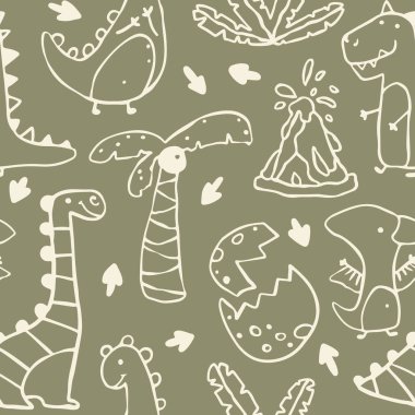 El yapımı dinozorlar, tropikal bitkiler ve palmiye ağaçları ile dinazorların kusursuz deseni. Yeşil haki rengi bir arkaplanda. Bebek tekstil, giysi ve dekor için ideal.