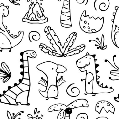 Karalama tarzı dinozorlar, kırık yumurtalar ve beyaz arka planda siyah çizgili tropikal bitkiler içeren kusursuz desenler. Çocuk ürünleri, tekstil, duvar kağıtları veya eğitim malzemeleri için mükemmel