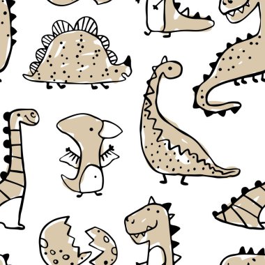 Seamless pattern with hand-drawn dinosaurs. Black outlines with beige coloring on a white background, creating a playful, hand-colored look. Ideal for kids textiles and decor clipart