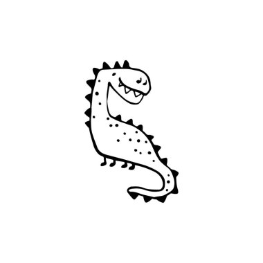Dino, basit, çocukça bir çizim tarzında, işaretli bir efektle sevimli bir dinozorun el çizimi vektör çizimi. İkon için, bebek kıyafetleri için baskı tasarımı. Beyaz arkaplanda izole et