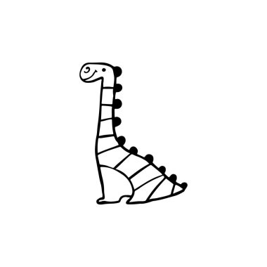 Dino, basit, çocukça bir çizim tarzında, işaretli bir efektle sevimli bir dinozorun el çizimi vektör çizimi. İkon için, bebek kıyafetleri için baskı tasarımı. Beyaz arkaplanda izole et