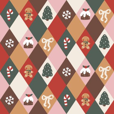 Geometrik elmas zemininde pastel renkli Noel elementleri olan kusursuz bir vektör deseni. Oyuncu, modaya uygun tarzı basit, modern ve çocuk dostu, tatil paketlemek için mükemmel.