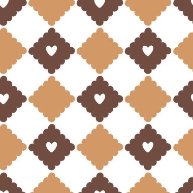 Geometrik elmas düzeninde kalp şeklinde kurabiyeler içeren kusursuz bir vektör deseni. Sıcak çikolata tonları hoş, hoş bir tasarım yaratıyor, şenlikli dekorlar ve mevsimlik ambalajlar için ideal.