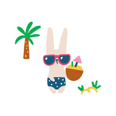 Yaz resimli şirin tavşancık sahilde hindistan cevizli mayolar içinde yürüyordu. Basit elle çizilmiş çocuksu el çizimi modern stil.