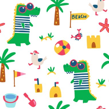 Tatlı timsah, çizgili süveter ve kumsalda kumdan kaleler arasında yürüyen martılarla kusursuz yaz deseni. Basit elle çizilmiş çocuksu el çizimi modern stil