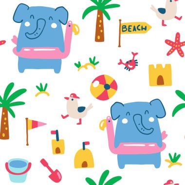 Plajda kumdan kaleler arasında yürüyen kauçuk bantlı ve martılı şirin fillerle kusursuz yaz desenleri. Basit elle çizilmiş çocuksu el çizimi modern stil