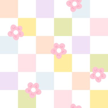 Gingham, papatya çiçekli kusursuz vektör deseni. Paskalya tatili için masa örtüleri, peçeteler, kıyafetler, ambalajlar için tartan kontrolü. Pastel bir palette sevimli, çocuksu bir arka plan.