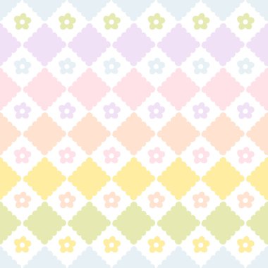 Eşkenar dörtgen şeklinde sevimli küçük çiçeklerle hazırlanmış dantel geometrik dikişsiz desen. Çizgi filmlerdeki sevimli el çizimi klasik illüstrasyon. Tekstil baskısı, bebek kıyafetleri, duvar kağıdı, ambalaj, ovalama