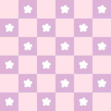 Gingham, papatya çiçekli kusursuz vektör deseni. Paskalya tatili için masa örtüleri, peçeteler, kıyafetler, ambalajlar için tartan kontrolü. Pastel bir palette sevimli, çocuksu bir arka plan..