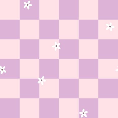 Gingham, papatya çiçekli kusursuz vektör deseni. Paskalya tatili için masa örtüleri, peçeteler, kıyafetler, ambalajlar için tartan kontrolü. Pastel bir palette sevimli, çocuksu bir arka plan.