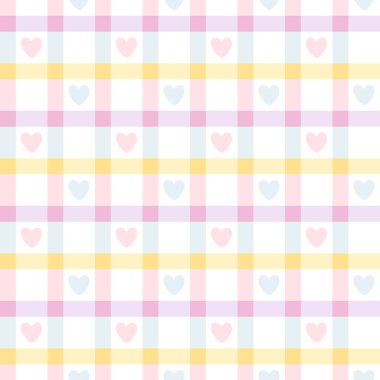 Sevimli kalpleri kusursuz vektör desenli Gingham. Paskalya tatili için masa örtüleri, peçeteler, kıyafetler, ambalajlar için tartan kontrolü. Renkli gökkuşağı paletinde sevimli sevimli çocuksu arkaplan