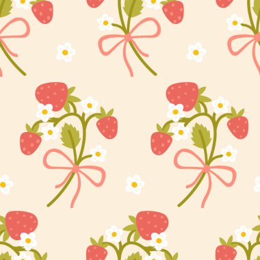 Bej bir arka planda, çerçevesiz desenli fiyonklu, süslü, cilveli bir çilek. Elle çizilmiş şirin bir çizgi film çizimi. Tekstil, bebek kıyafetleri, duvar kâğıdı, ovalama.