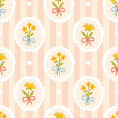 Çizgili arka planda pürüzsüz desenli fiyonklu, titiz, çapkın bir çiçek. Elle çizilmiş şirin bir çizgi film çizimi. Tekstil, bebek kıyafetleri, duvar kağıdı, ovalama için.