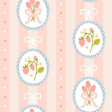 Dikey çizgili arka planda, çerçevesiz desenli, sarkık çilek yayı ve çiçek. Çizgi filmlerdeki gibi güzel bir el çizimi. İdeal tekstil baskısı, bebek kıyafetleri, duvar kağıdı, ovalama.