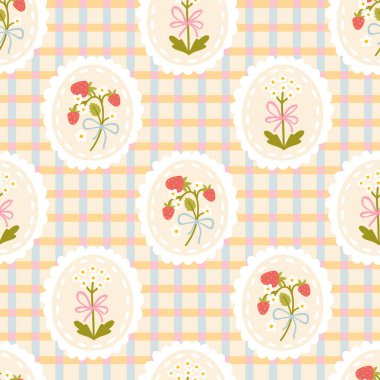 Hücre arka planında pürüzsüz bir desen içinde fiyonk ve çiçek olan tiki bir çilek. Elle çizilmiş şirin bir çizgi film çizimi. Tekstil için tartan kontrolü, bebek kıyafetleri, duvar kağıdı, ovalama.