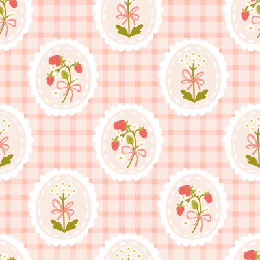 Hücre arka planında pürüzsüz bir desen içinde fiyonk ve çiçek olan tiki bir çilek. Elle çizilmiş şirin bir çizgi film çizimi. Tekstil için tartan kontrolü, bebek kıyafetleri, duvar kağıdı, ovalama.