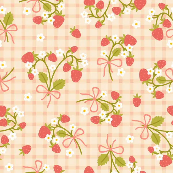 Hücre arka planında yay ve çiçeksiz desenli cilveli çilek. Elle çizilmiş şirin bir çizgi film çizimi. Tekstil için tartan kontrolü, bebek kıyafetleri, duvar kağıdı, ovalama.