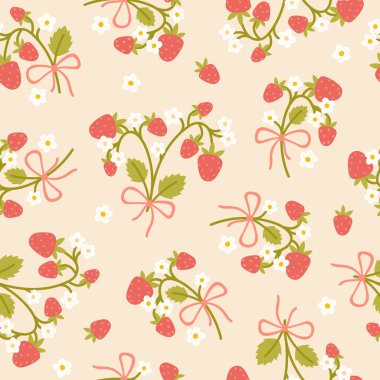 Bej bir arka planda, çerçevesiz desenli fiyonklu, süslü, cilveli bir çilek. Elle çizilmiş şirin bir çizgi film çizimi. Tekstil, bebek kıyafetleri, duvar kâğıdı, ovalama