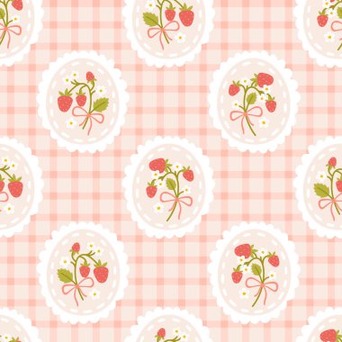 Hücre arka planında pürüzsüz bir desen içinde fiyonk ve çiçek olan tiki bir çilek. Elle çizilmiş şirin bir çizgi film çizimi. Tekstil için tartan kontrolü, bebek kıyafetleri, duvar kağıdı, ovalama.