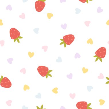 Çilek aromalı, çilek aromalı vektör deseni ve basit el çizimi çizgi film kawaii tarzı kalpler. Pastel palet, güzel bir bej, uniseks geçmişi var. Bebek tekstil basımı için ideal.