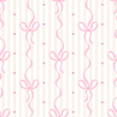 Flört fiyonkları ve kurdeleler dikey bağlanmış. Vektör kusursuz desen. Kolej karikatürü elle çizilmiş. İdeal tekstil baskısı, bebek kıyafetleri, duvar kağıdı, hatıra defteri.