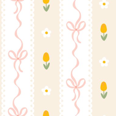 Pastel yaylar, laleler, papatyalar ve bej arkaplanlı kusursuz kawaii bahar deseni. Şirin kız tasarımı kumaşlar, duvar kağıtları ve kırtasiye malzemeleri için mükemmel.
