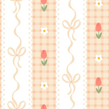 Pastel yaylar, laleler, papatyalar ve gingham arkaplanlı kusursuz kawaii bahar deseni. Şirin kız tasarımı kumaşlar, duvar kağıtları ve kırtasiye malzemeleri için mükemmel.