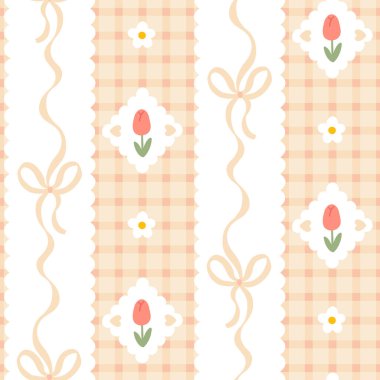 Pastel yaylar, laleler, papatyalar ve gingham arkaplanlı kusursuz kawaii bahar deseni. Şirin kız tasarımı kumaşlar, duvar kağıtları ve kırtasiye malzemeleri için mükemmel.