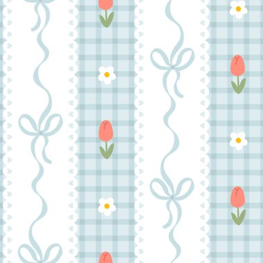Pastel yaylar, laleler, papatyalar ve gingham arkaplanlı kusursuz kawaii bahar deseni. Şirin kız tasarımı kumaşlar, duvar kağıtları ve kırtasiye malzemeleri için mükemmel.