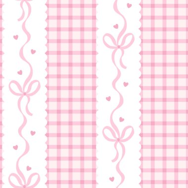 Pastel yaylı ve gingham arka planlı kusursuz kawaii bahar deseni. Şirin kız tasarımı kumaşlar, duvar kağıtları ve kırtasiye malzemeleri için mükemmel.