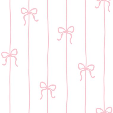 Flört fiyonkları ve kurdeleler dikey bağlanmış. Vektör kusursuz desen. Kolej karikatürü elle çizilmiş. İdeal tekstil baskısı, bebek kıyafetleri, duvar kağıdı, hatıra defteri.