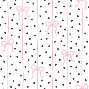 Flört fiyonkları ve kurdeleler dikey bağlanmış. Kusursuz bir şablon, puantiyeli kalplerin arka planı. Kolej karikatürü elle çizilmiş. Tekstil baskısı, bebek kıyafetleri, hatıra defteri.