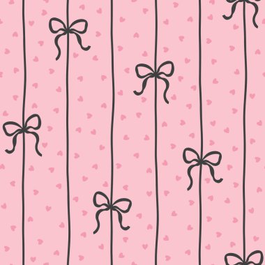 Flört fiyonkları ve kurdeleler dikey bağlanmış. Kusursuz bir şablon, puantiyeli kalplerin arka planı. Kolej karikatürü elle çizilmiş. Tekstil baskısı, bebek kıyafetleri, hatıra defteri.