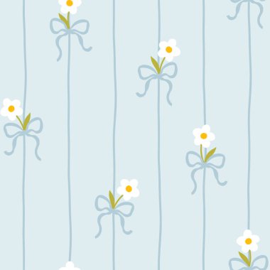 Beyaz papatyaları ve yumuşak pastel arka planda mavi fiyonkları olan sevimli kawaii vektör deseni. Bebek kıyafetleri, çocuk odası dekoru, hatıra defteri, ambalaj kağıdı, tekstil, kırtasiye malzemesi için mükemmel..