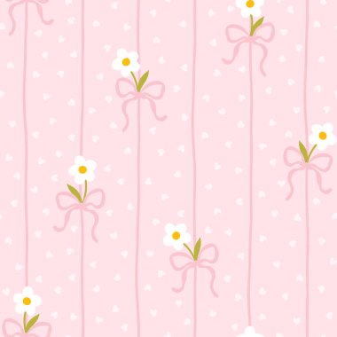 Beyaz papatyaları ve puantiyeli pembe kurdeleleri olan sevimli kawaii vektör deseni. Bebek kıyafetleri, çocuk odası dekoru, hatıra defteri, ambalaj kağıdı, tekstil, kırtasiye malzemesi için mükemmel.