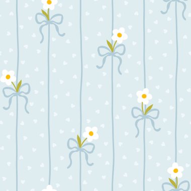 Beyaz papatyaları ve puantiyeli mavi fiyonklu şirin kawaii vektör deseni. Bebek kıyafetleri, çocuk odası dekoru, hatıra defteri, ambalaj kağıdı, tekstil, kırtasiye malzemesi için mükemmel.