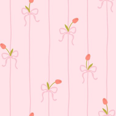 Beyaz lale ve yumuşak pastel arka planda pembe fiyonklu sevimli kawaii vektör deseni. Bebek kıyafetleri, çocuk odası dekoru, hatıra defteri, ambalaj kağıdı, tekstil, kırtasiye malzemesi için mükemmel.