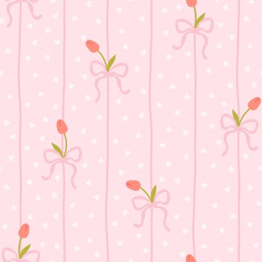 Beyaz lale ve pembe fiyonklu şirin kawaii vektör desenli polka noktalı kalpler. Bebek kıyafetleri, çocuk odası dekoru, hatıra defteri, ambalaj kağıdı, tekstil, kırtasiye malzemesi için mükemmel.