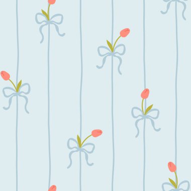 Beyaz laleli ve yumuşak pastel arka planda mavi fiyonklu sevimli kawaii vektör deseni. Bebek kıyafetleri, çocuk odası dekoru, hatıra defteri, ambalaj kağıdı, tekstil, kırtasiye malzemesi için mükemmel.