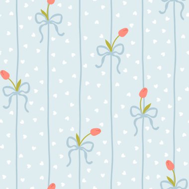 Beyaz lale ve mavi kurdeleli şirin kawaii vektör desenli polka noktalı kalplerin arka planında. Bebek kıyafetleri, çocuk odası dekoru, hatıra defteri, ambalaj kağıdı, tekstil, kırtasiye malzemesi için mükemmel.