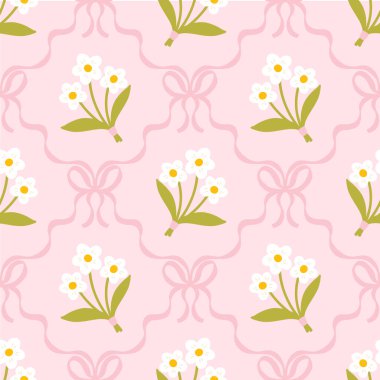 Çiçeksiz desenli, sevimli papatya buketleri ve yumuşak pastel arka planda net kurdelelerle bağlanmış flörtlü fiyonklar. Çocuk kıyafetleri, tekstil, kreş, kırtasiye, yapıştırma kitabı için mükemmel.