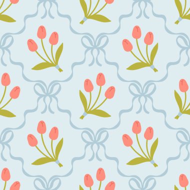 Çiçeksiz desenli, şirin lale buketleri ve yumuşak pastel arka planda net kurdelelerle bağlanmış kur yapan fiyonklar. Çocuk kıyafetleri, tekstil, kreş, kırtasiye, yapıştırma kitabı için mükemmel.