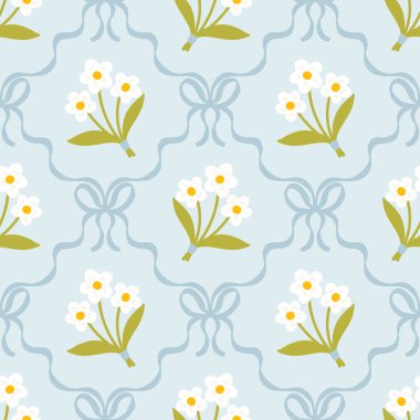 Çiçeksiz desenli, sevimli papatya buketleri ve yumuşak pastel arka planda net kurdelelerle bağlanmış flörtlü fiyonklar. Çocuk kıyafetleri, tekstil, kreş, kırtasiye, yapıştırma kitabı için mükemmel.