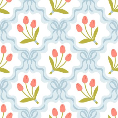 Çiçeksiz desenli, şirin lale buketleri ve yumuşak pastel arka planda net kurdelelerle bağlanmış kur yapan fiyonklar. Çocuk kıyafetleri, tekstil, kreş, kırtasiye, yapıştırma kitabı için mükemmel.