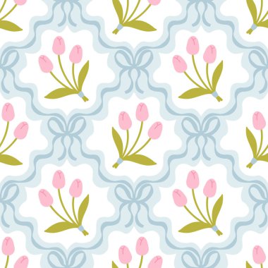 Çiçeksiz desenli, şirin lale buketleri ve yumuşak pastel arka planda net kurdelelerle bağlanmış kur yapan fiyonklar. Çocuk kıyafetleri, tekstil, kreş, kırtasiye, yapıştırma kitabı için mükemmel.