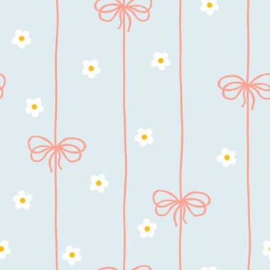 Beyaz papatyaları ve yumuşak pastel arka planda fiyonkları olan sevimli kawaii vektör deseni. Bebek kıyafetleri, çocuk odası dekoru, hatıra defteri, ambalaj kağıdı, tekstil, kırtasiye malzemesi için mükemmel.