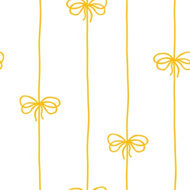 Flört fiyonkları ve kurdeleler dikey bağlanmış. Vektör kusursuz desen. Kolej karikatürü elle çizilmiş. İdeal tekstil baskısı, bebek kıyafetleri, duvar kağıdı, hatıra defteri.