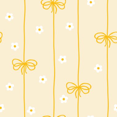 Beyaz papatyaları ve yumuşak pastel arka planda fiyonkları olan sevimli kawaii vektör deseni. Bebek kıyafetleri, çocuk odası dekoru, hatıra defteri, ambalaj kağıdı, tekstil, kırtasiye malzemesi için mükemmel..